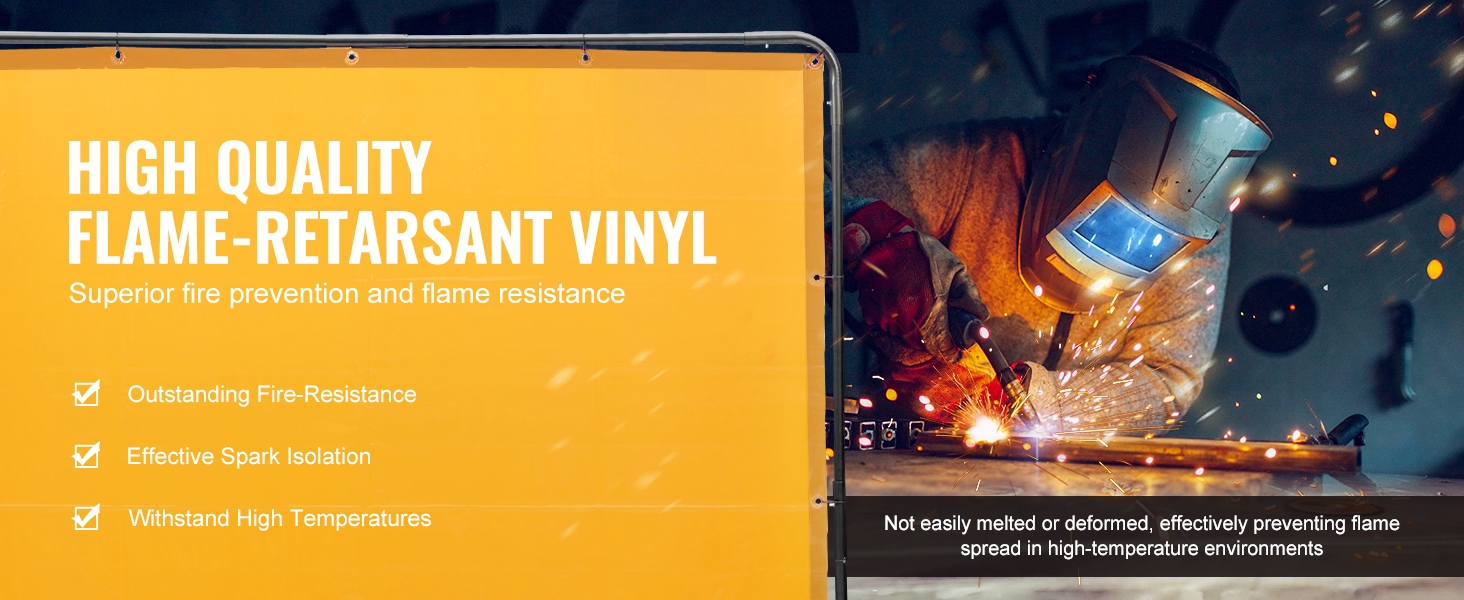 VEVOR welding screen with high-quality flame-retardant vinyl for superior fire-resistance and spark isolation.