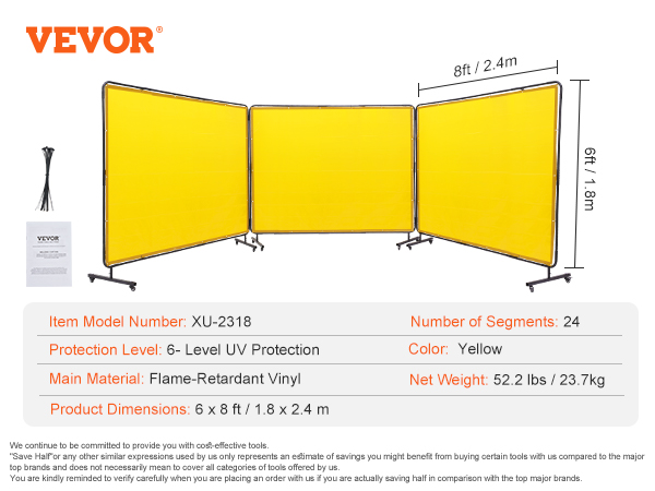 VEVOR welding screen, yellow, flame-retardant vinyl, 6x8 ft, with uv protection, 24 segments, 52.2 lbs.