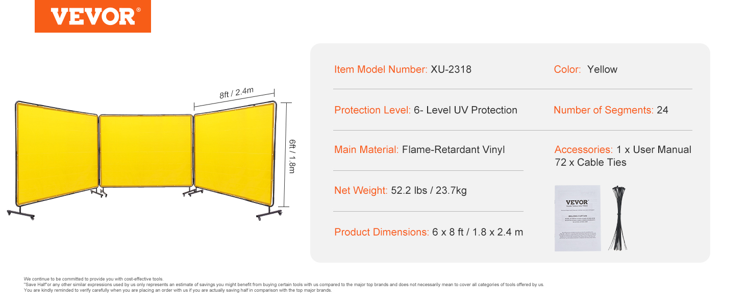 VEVOR welding screen, yellow, flame-retardant vinyl, 6x8 ft, with uv protection, 24 segments, 52.2 lbs.