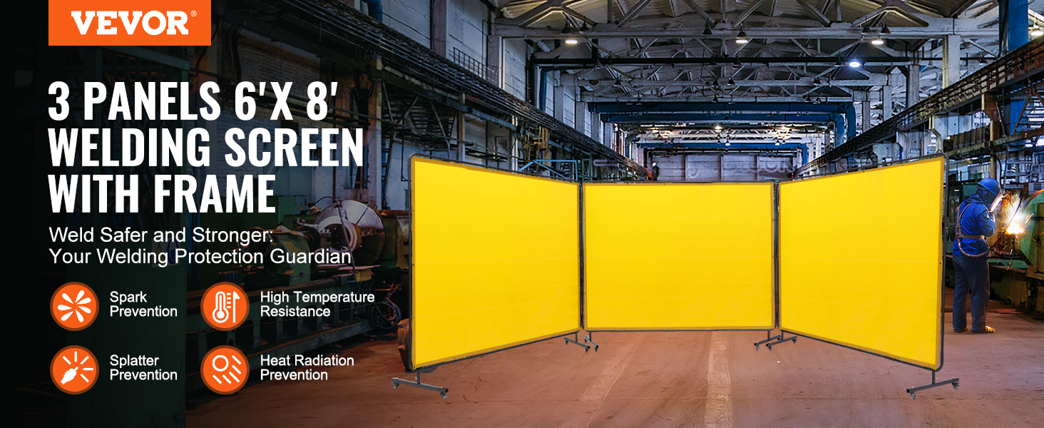 VEVOR welding screen with frame in factory, highlighting protection features and yellow panels.