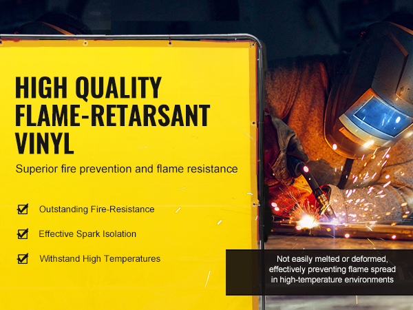 VEVOR welding screen listing features of high-quality, flame-retardant vinyl and fire prevention.