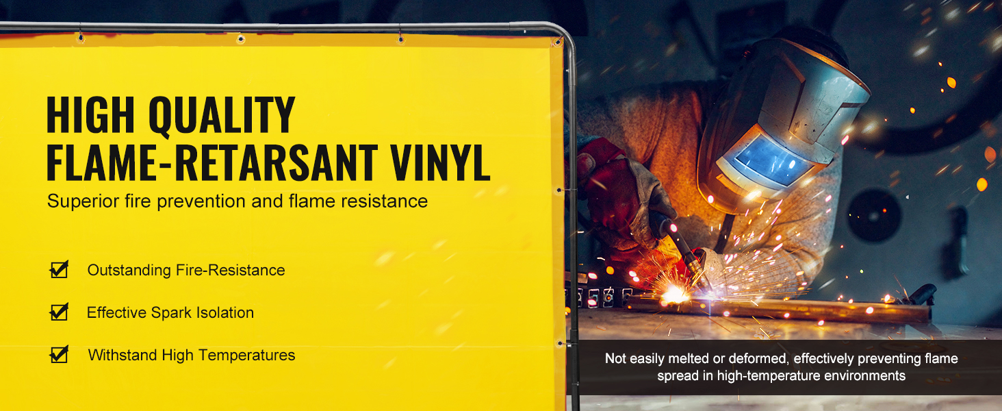 VEVOR welding screen listing features of high-quality, flame-retardant vinyl and fire prevention.