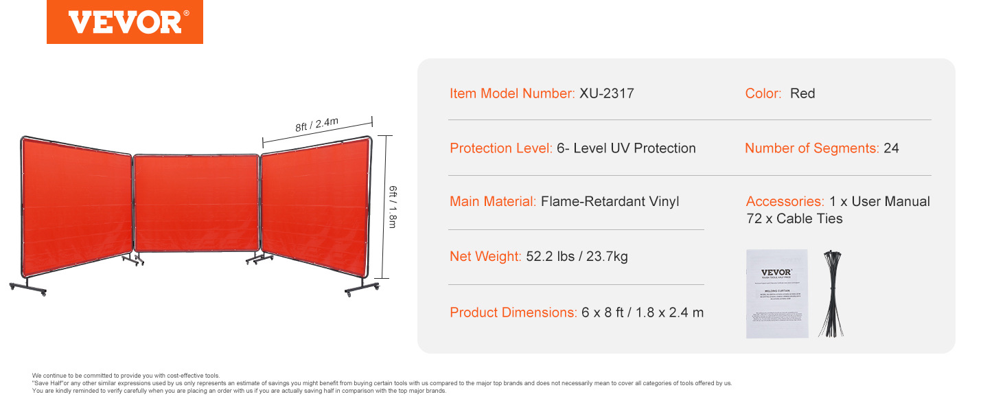 VEVOR welding screen, model xu-2317, red, flame-retardant vinyl, 6 x 8 ft, uv protection level 6.