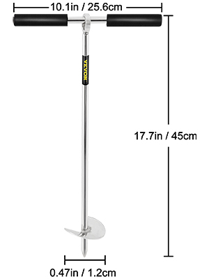 VEVOR sand anchor: measurements shown, stainless steel, black handles.