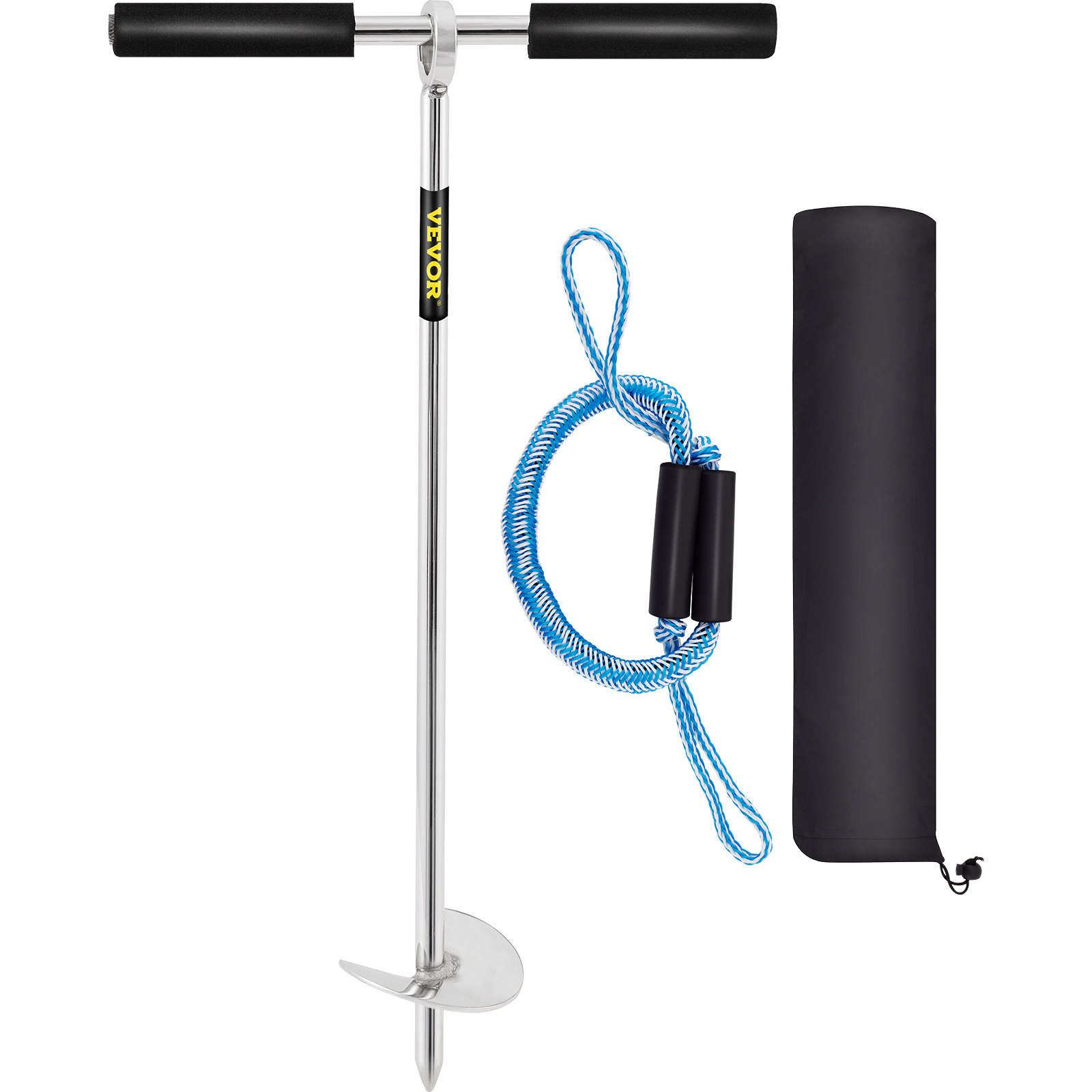 VEVOR sand anchor with t-handle, blue rope, and black storage bag.
