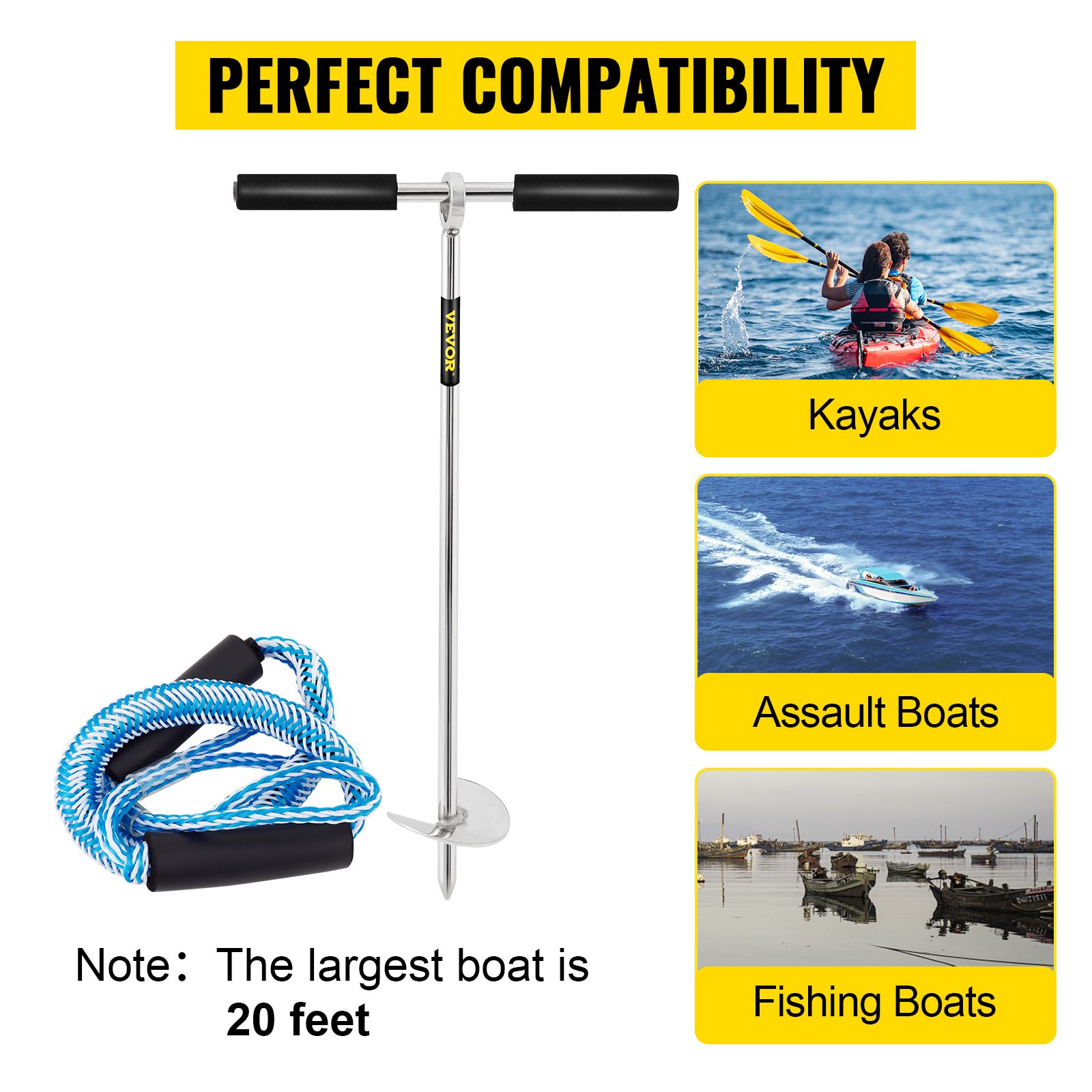 VEVOR sand anchor compatibility with kayaks, assault boats, fishing boats up to 20 feet.