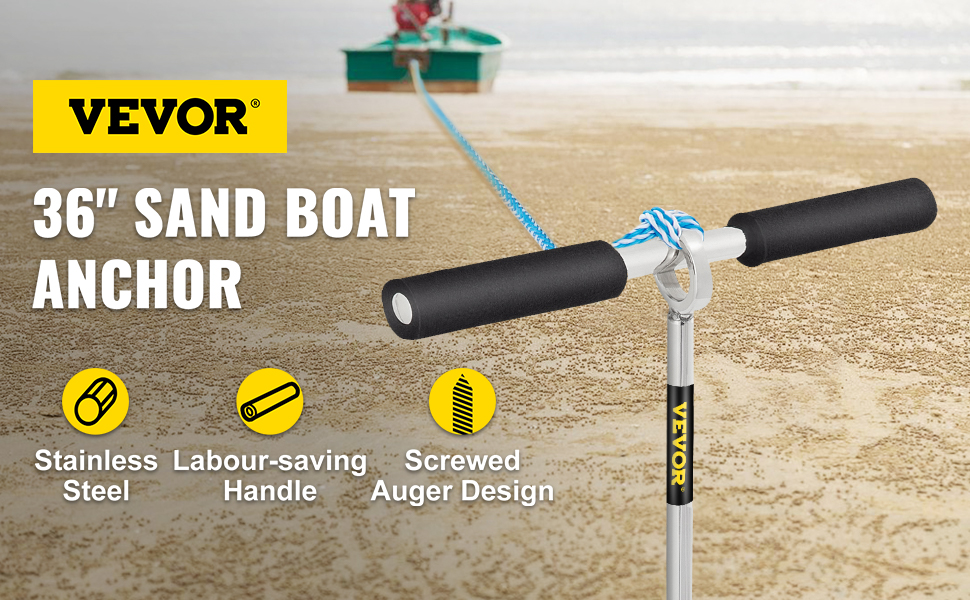 VEVOR sand anchor with labour-saving handle and stainless steel design on a sandy beach.