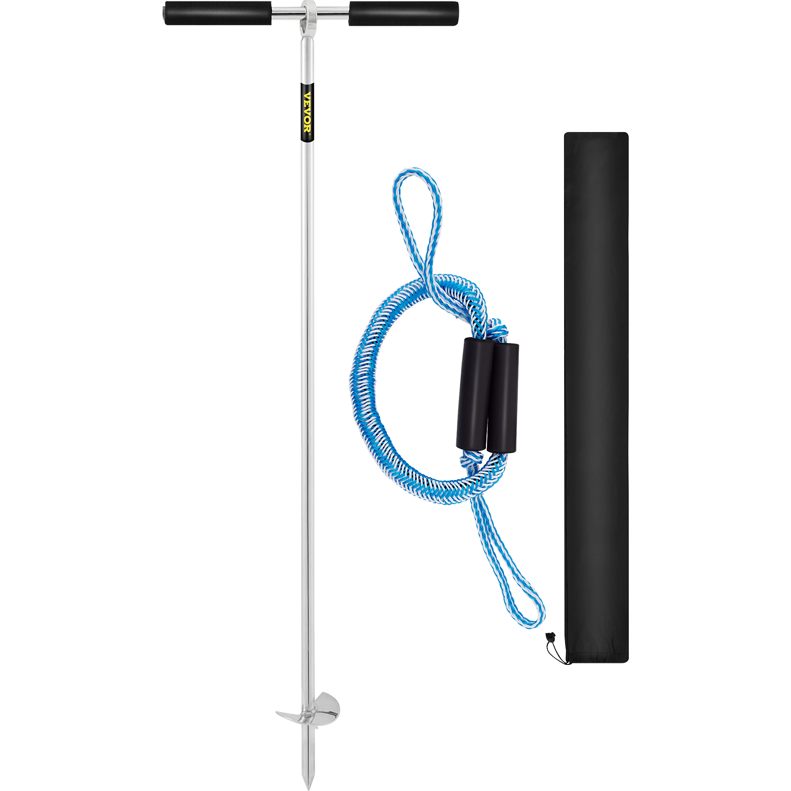 VEVOR sand anchor with blue rope and black carrying case.
