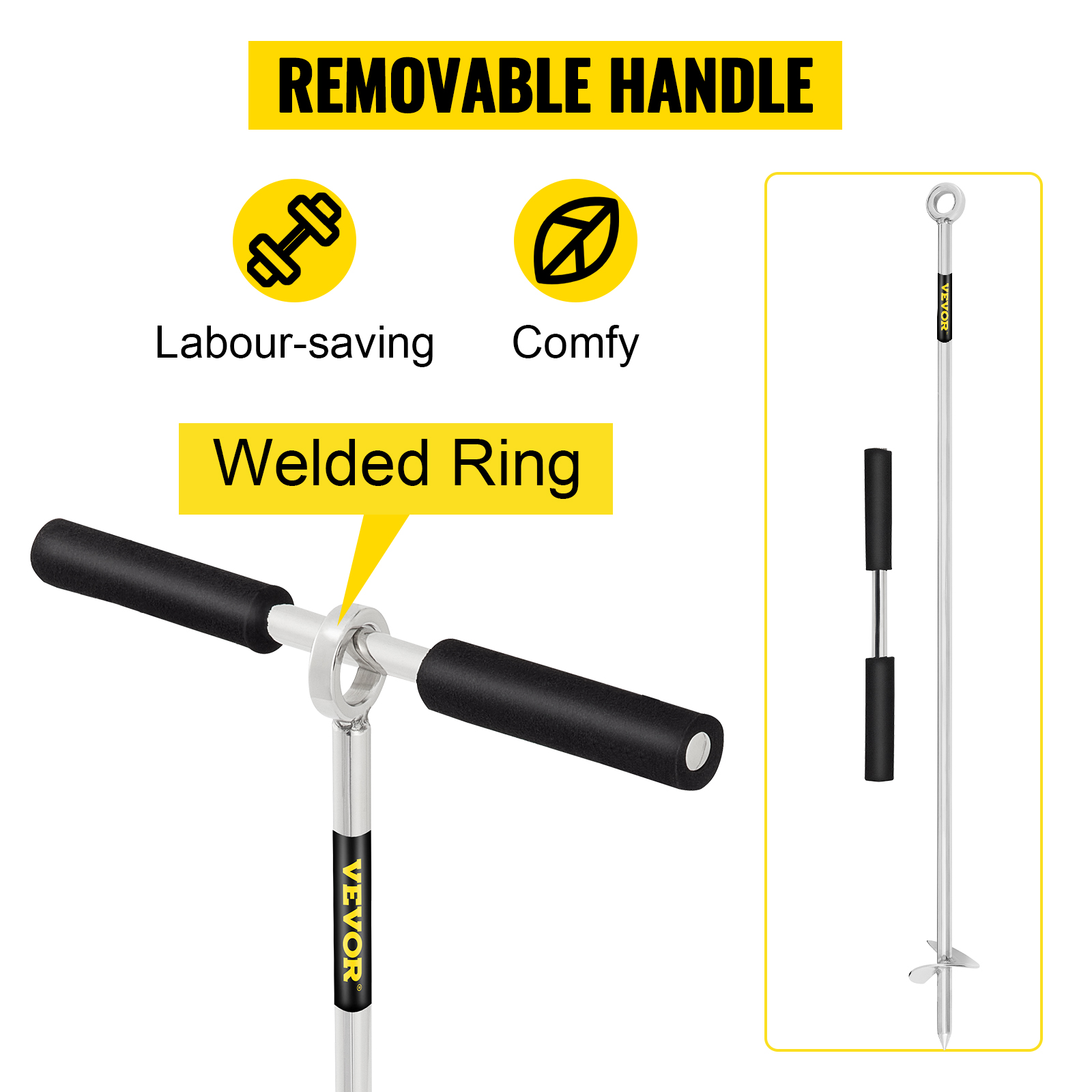 VEVOR sand anchor with removable handle, welded ring, labor-saving and comfy grip.