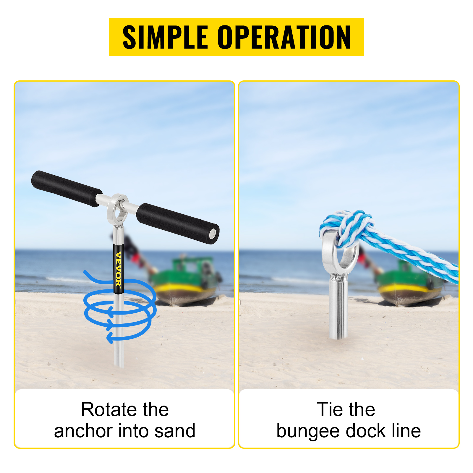 VEVOR sand anchor demonstration by the beach with two simple operation steps.