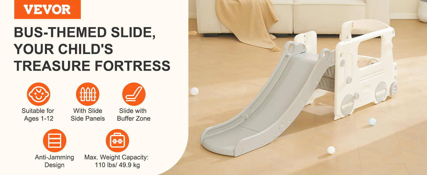 VEVOR toddler slide, bus-themed, suitable for ages 1-12, with side panels and buffer zone.