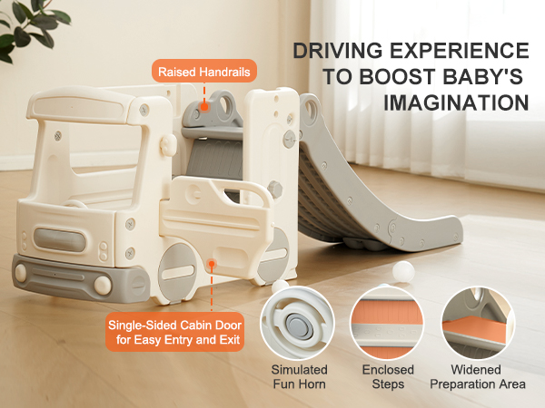 VEVOR toddler slide with raised handrails, single-sided cabin door, and a widened preparation area.
