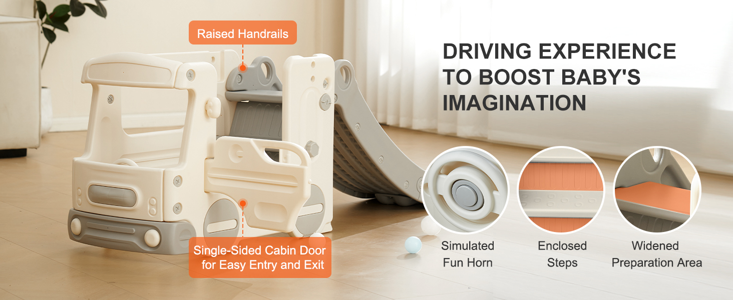 VEVOR toddler slide with raised handrails, single-sided cabin door, and a widened preparation area.