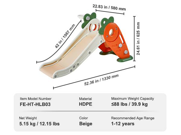 VEVOR toddler slide dimensions, weight, material, color, and age range specifications.