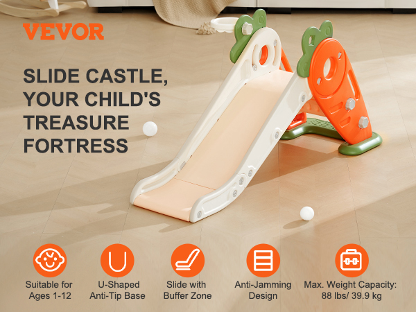 VEVOR toddler slide - slide castle for ages 1-12 with anti-tip base, buffer zone, and 88 lbs capacity.