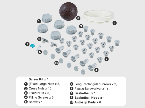 VEVOR toddler slide: complete screw kit, nuts, screws, plastic screwdriver, basketball, hoop, anti-slip pads.