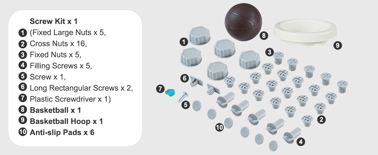 VEVOR toddler slide: complete screw kit, nuts, screws, plastic screwdriver, basketball, hoop, anti-slip pads.