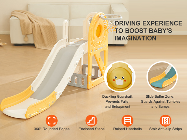 VEVOR toddler slide with basketball hoop, raised handrails, duckling guardrail, and anti-slip strips.