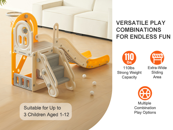 VEVOR toddler slide with basketball hoop, 110 lbs capacity, for up to 3 children aged 1-12.