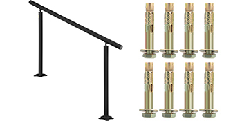 VEVOR outdoor stair railing kit with black posts and eight mounting anchors.
