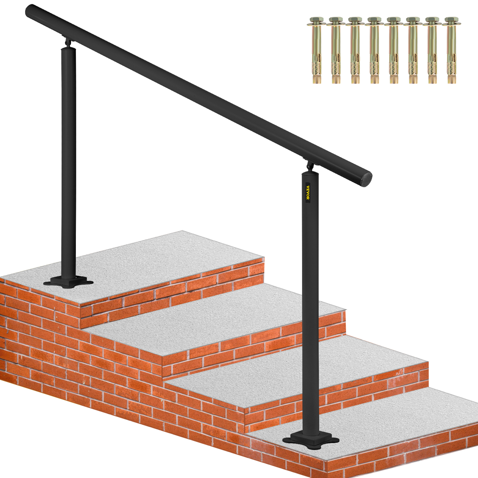VEVOR outdoor stair railing kit installed on brick steps with included mounting bolts.