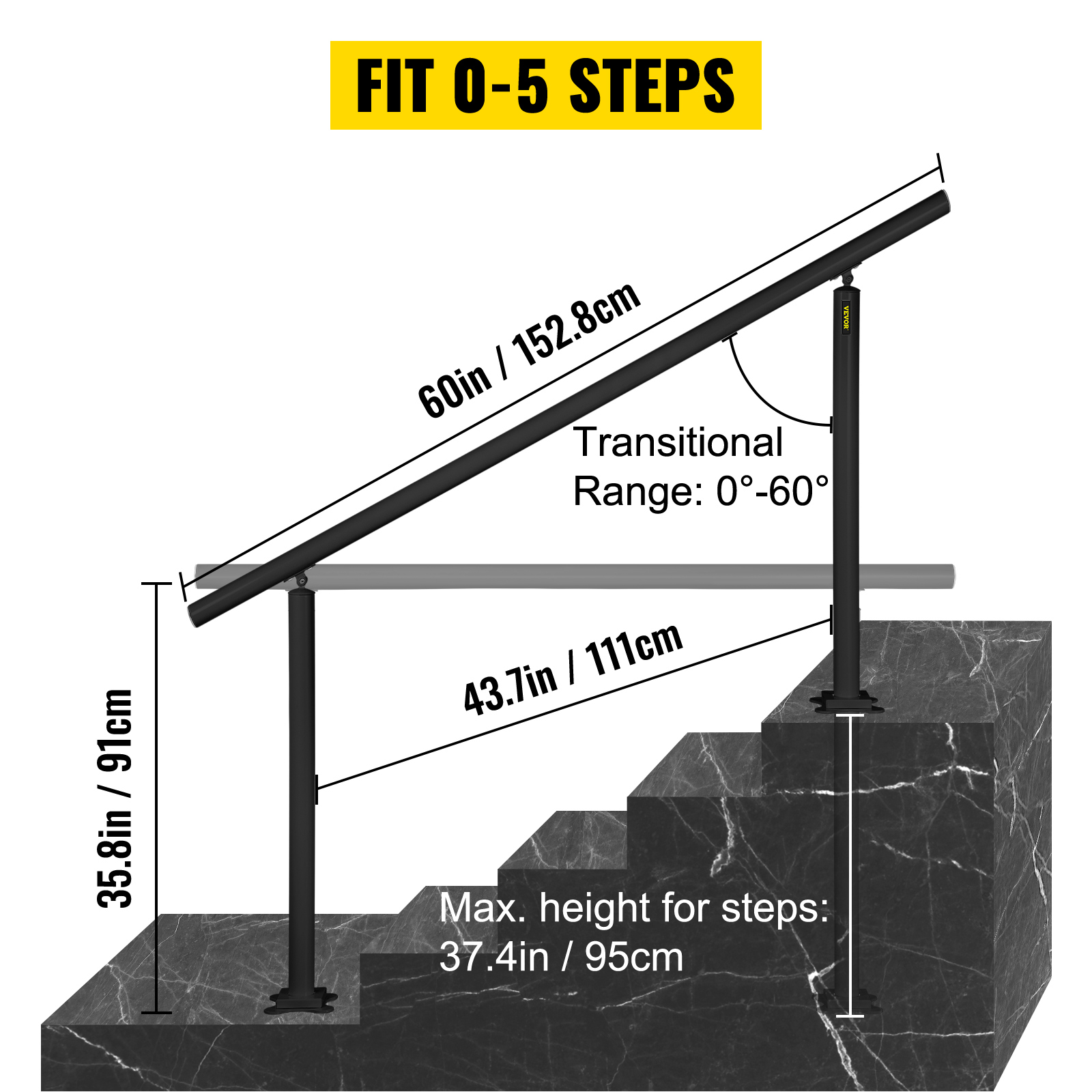 VEVOR outdoor stair railing kit fits 0-5 steps, 60in length, 35.8in height, 0°-60° range, black finish.