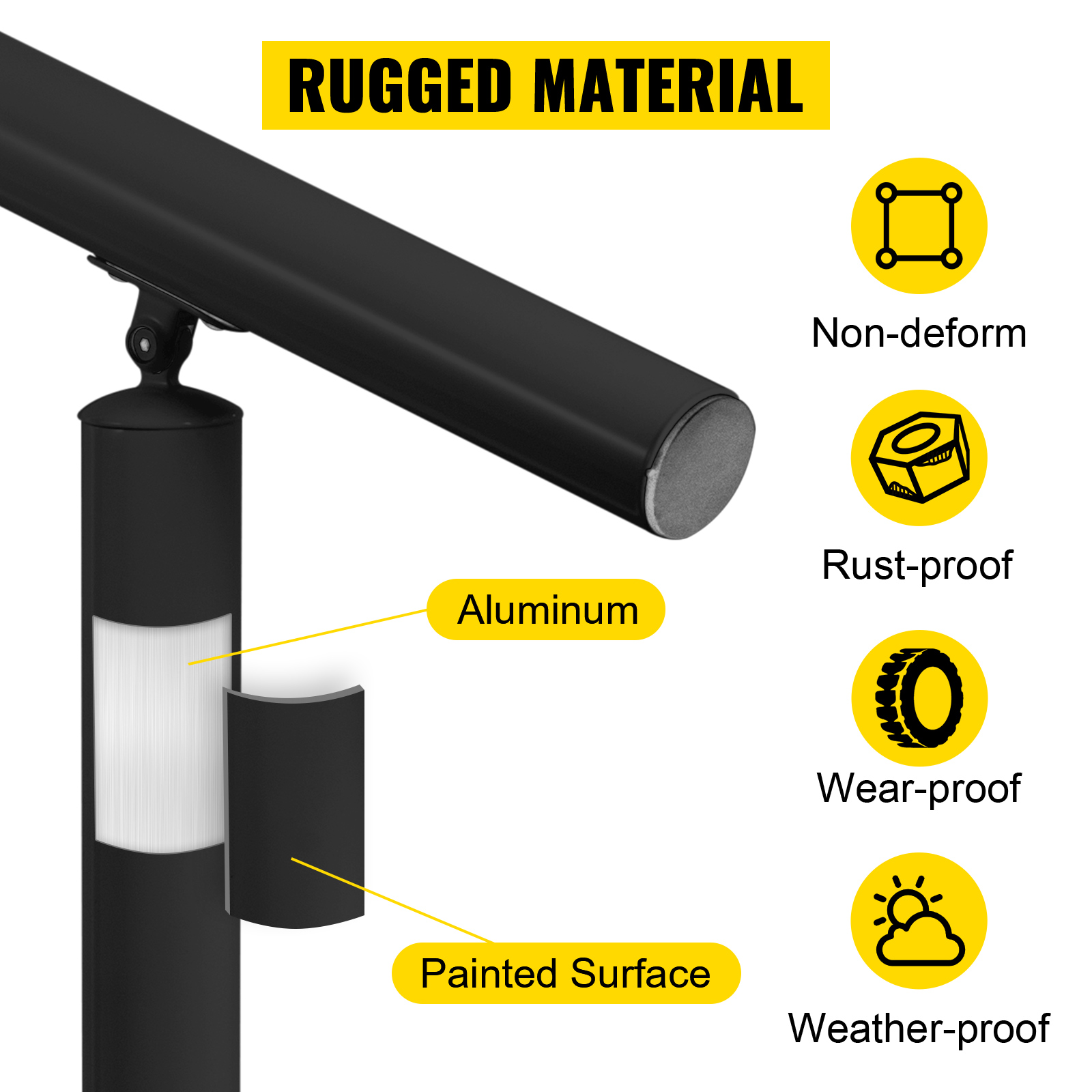 VEVOR outdoor stair railing kit showing rugged aluminum material, rust-proof, wear-proof, weather-proof.