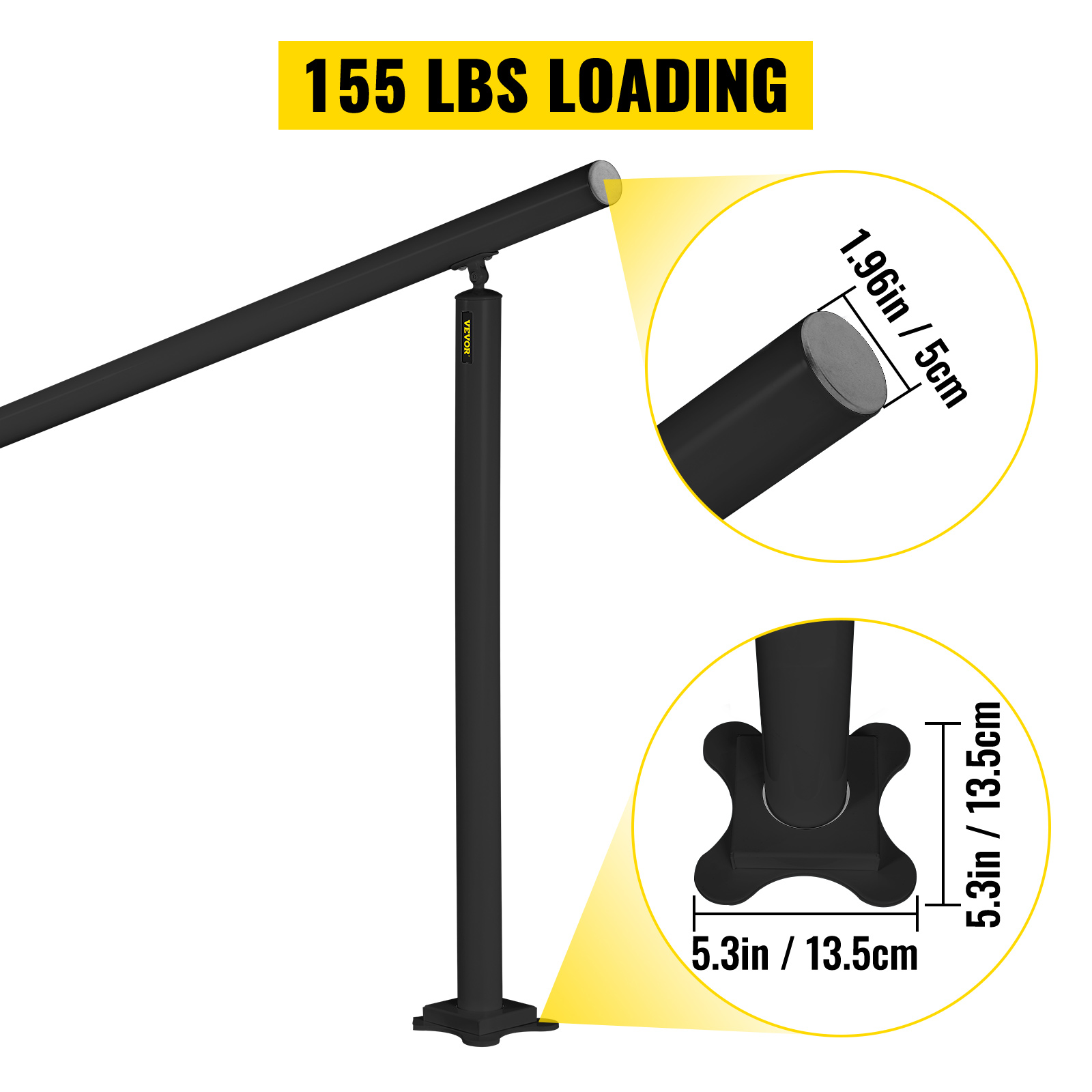 VEVOR outdoor stair railing kit, 155 lbs load, 5cm diameter, 13.5cm base. durable and sturdy railing.
