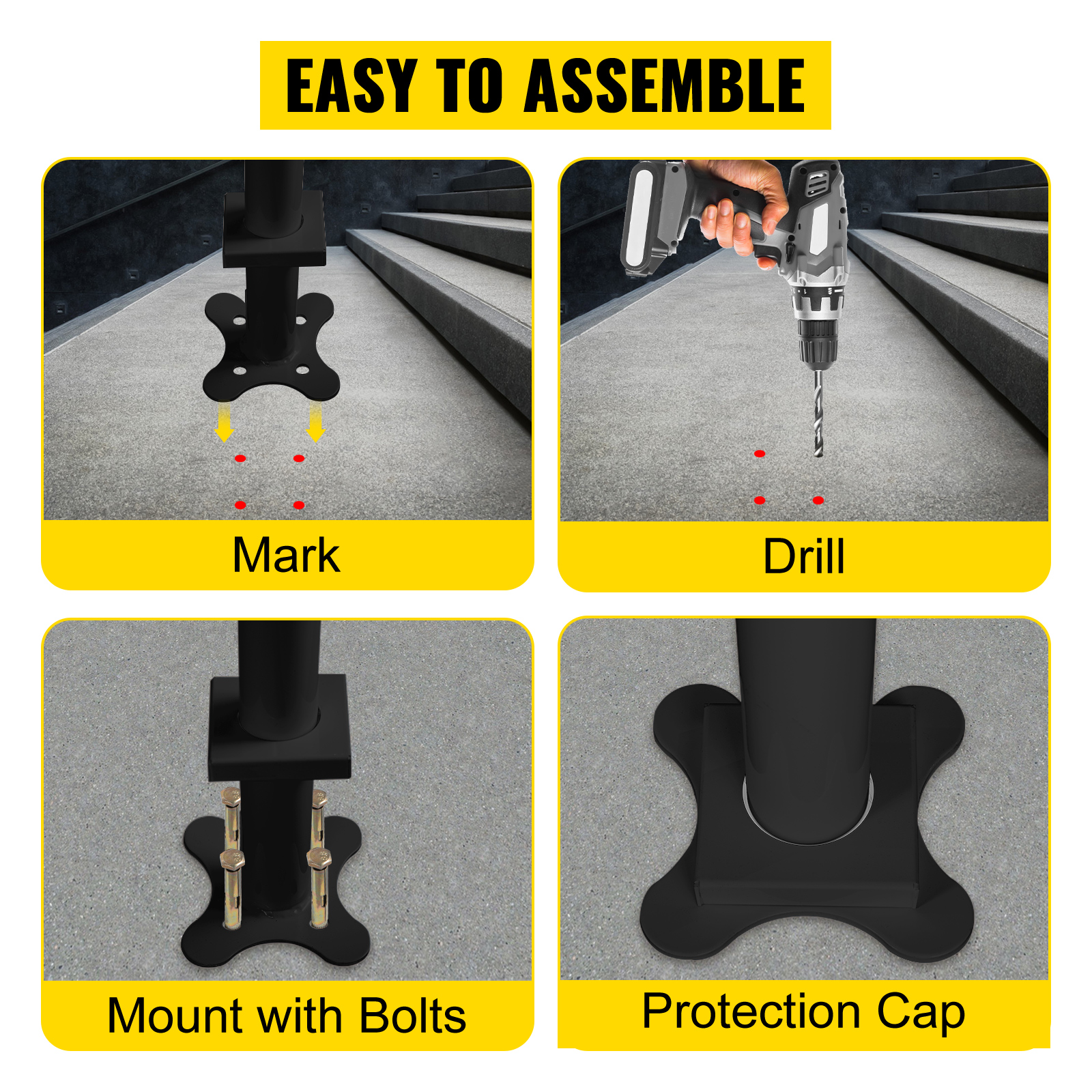 VEVOR outdoor stair railing kit installation in four steps: mark, drill, mount with bolts, protection cap.