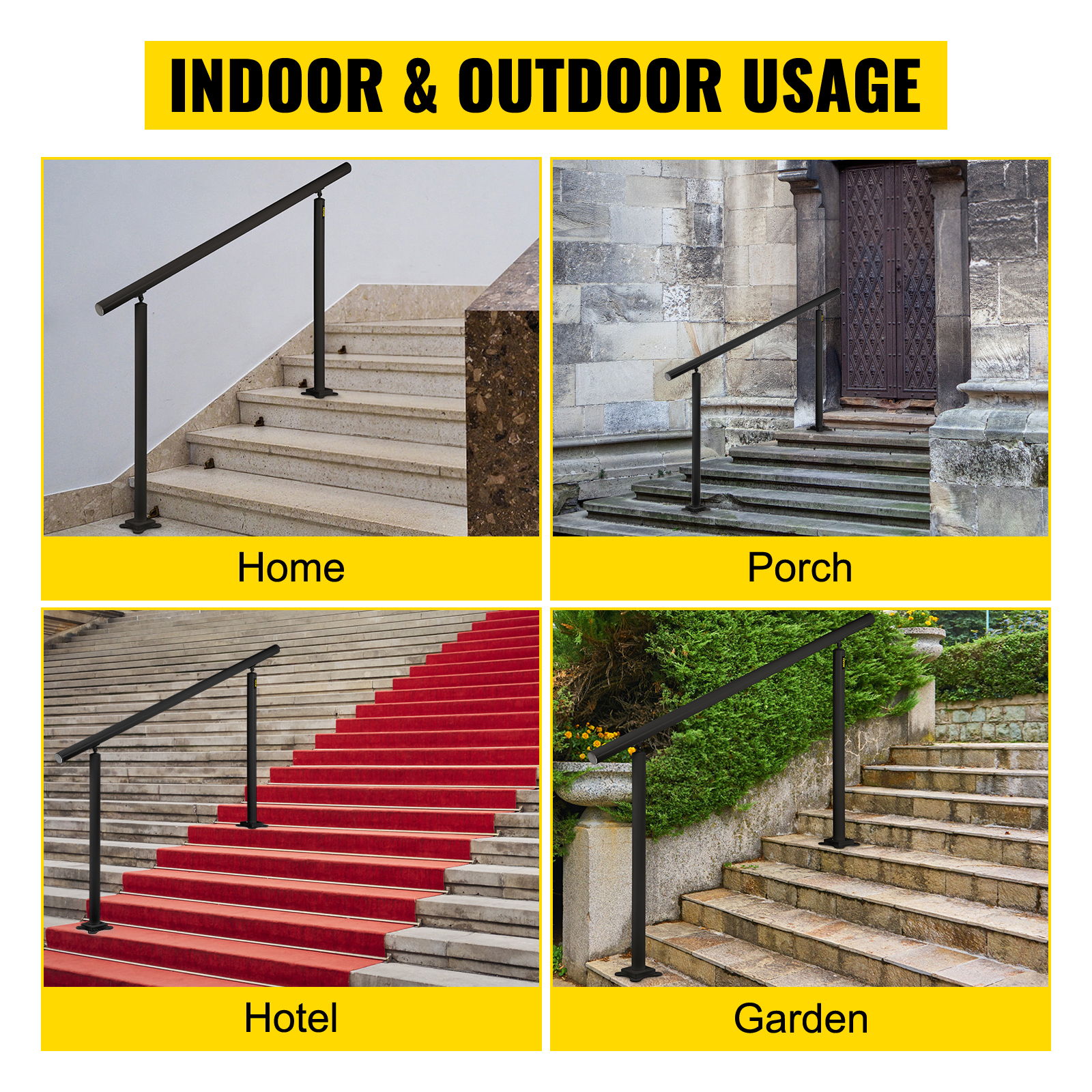 VEVOR outdoor stair railing kit installed on stairs of home, porch, hotel, and garden.