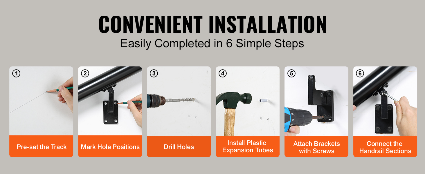 VEVOR indoor stair handrail installation: pre-set track, mark holes, drill, install tubes, attach brackets, connect.