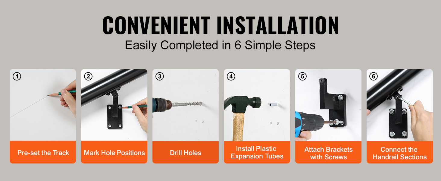 convenient installation steps for VEVOR handrail: pre-set track, mark holes, drill, attach brackets.