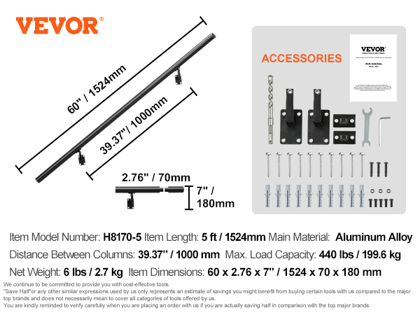 VEVOR handrail product specifications with installation accessories and stair handrail dimensions.