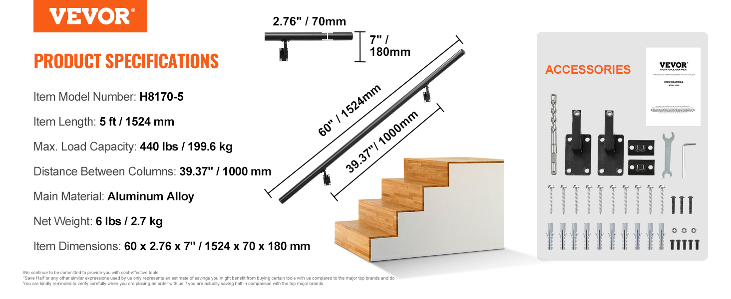 VEVOR handrail product specifications with installation accessories and stair handrail dimensions.