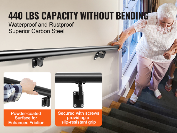 VEVOR handrail supports 440 lbs, featuring powder-coated surface and stainless steel screws for stability.