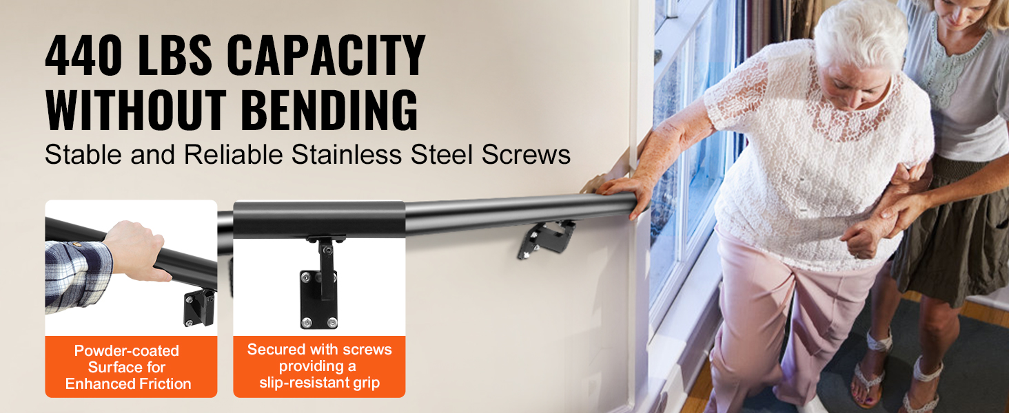 VEVOR handrail supports 440 lbs, featuring powder-coated surface and stainless steel screws for stability.