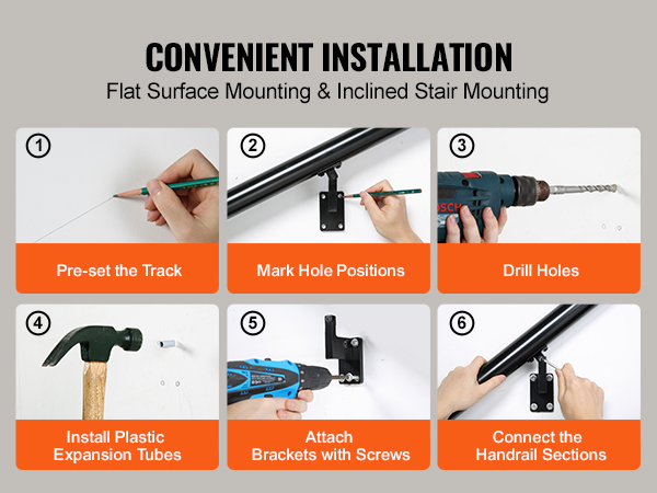 convenient installation guide for VEVOR handrail in 6 steps: pre-set track, mark holes, drill, install tubes, attach brackets