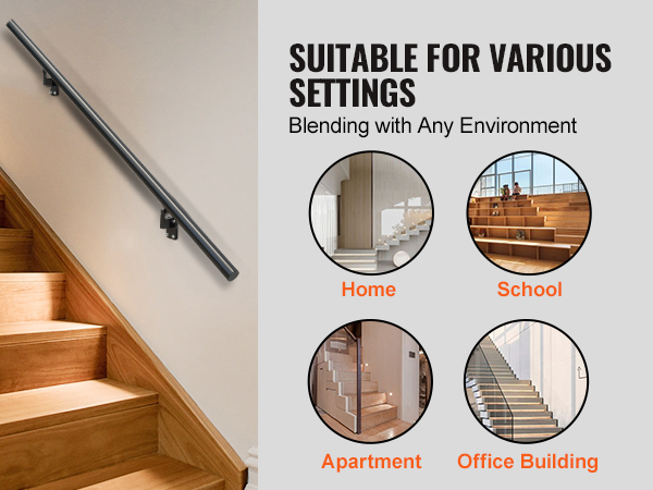VEVOR handrail mounted on wooden stairs, suitable for home, school, apartment, and office building.