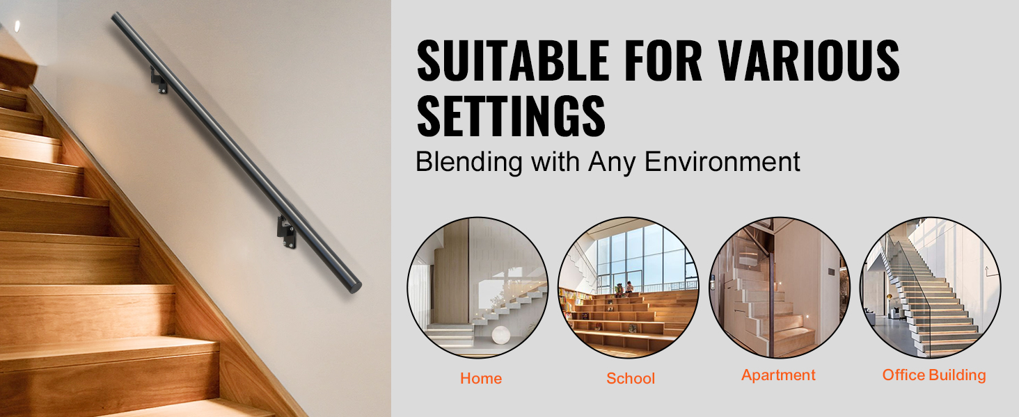 VEVOR handrail mounted on wooden stairs, suitable for home, school, apartment, and office building.