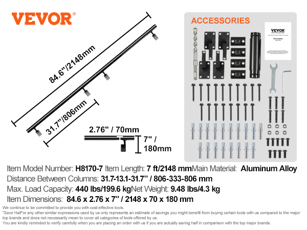 VEVOR handrail specifications and accessories, 84.6-inch aluminum alloy railing with installation parts.