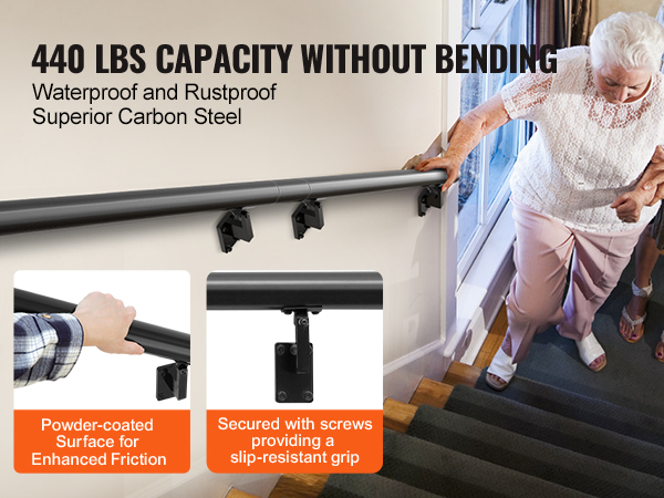 VEVOR handrail with 440 lbs capacity, powder-coated surface, and stainless steel screws for stability.
