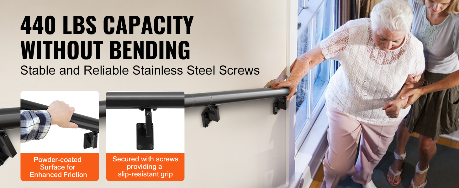 VEVOR handrail with 440 lbs capacity, powder-coated surface, and stainless steel screws for stability.