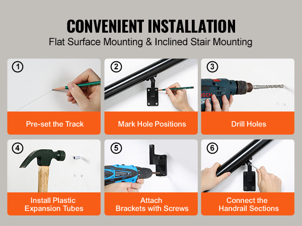 convenient installation of VEVOR handrail in 6 steps: pre-set, mark, drill, install, attach, connect.