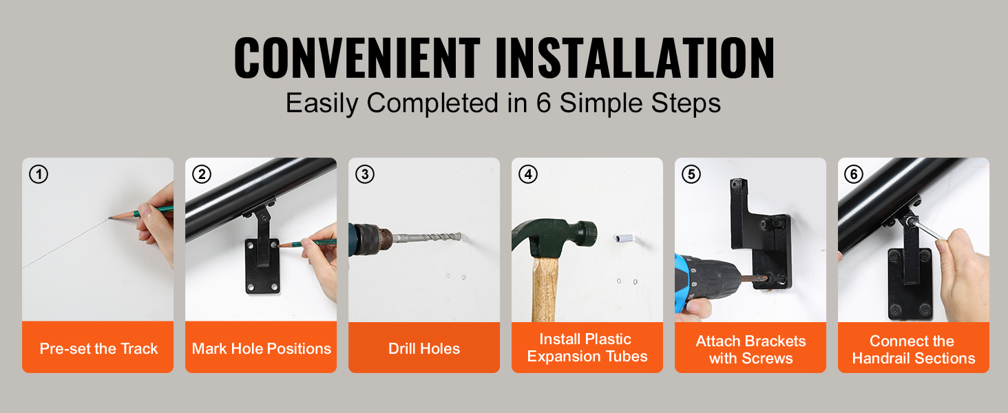 convenient installation of VEVOR handrail in 6 steps: pre-set, mark, drill, install, attach, connect.