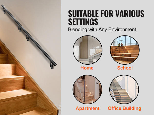 VEVOR handrail on wooden stairs, suitable for home, school, apartment, and office building settings.