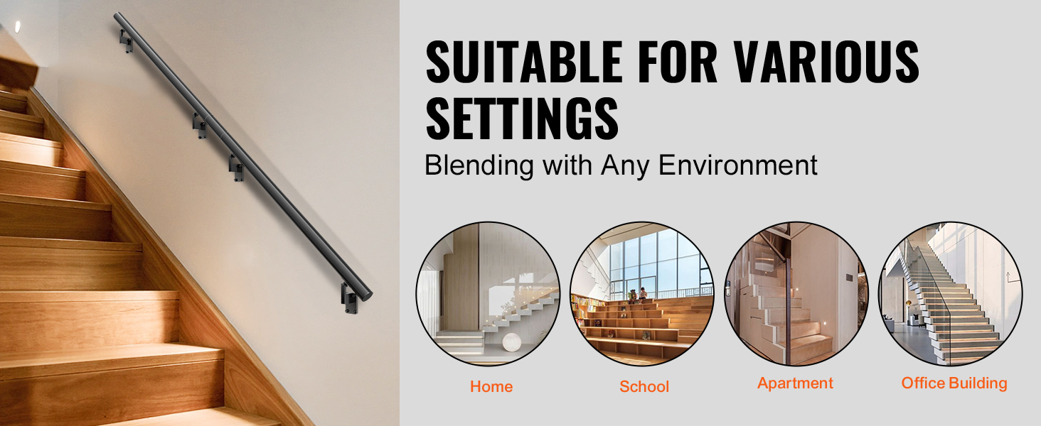 VEVOR handrail on wooden stairs, suitable for home, school, apartment, and office building settings.