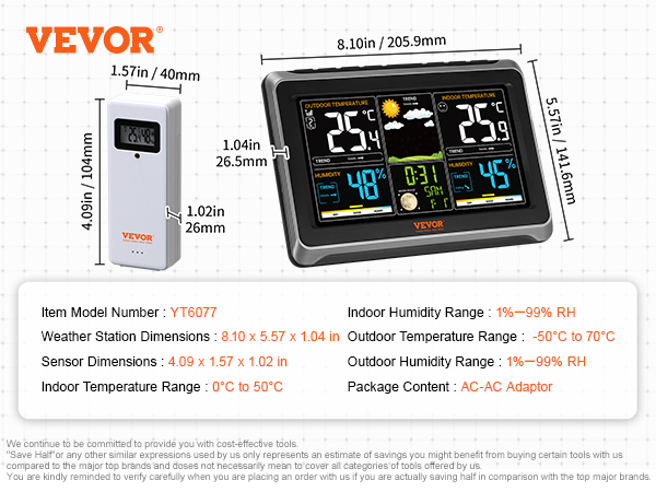 VEVOR weather station model yt6077 dimensions and specs with sensor unit.