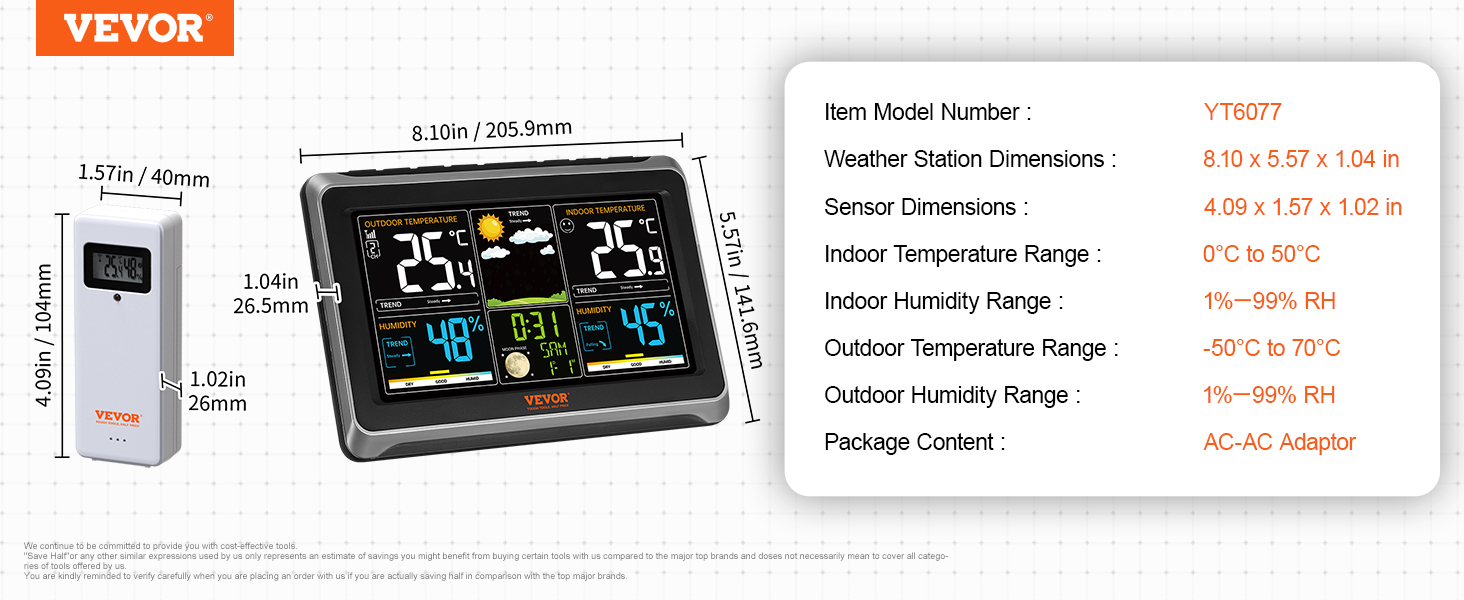 VEVOR weather station model yt6077 dimensions and specs with sensor unit.