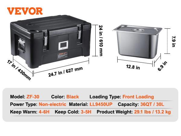 VEVOR insulated food pan carrier, black, front loading, 24.7in x 17in x 24in.