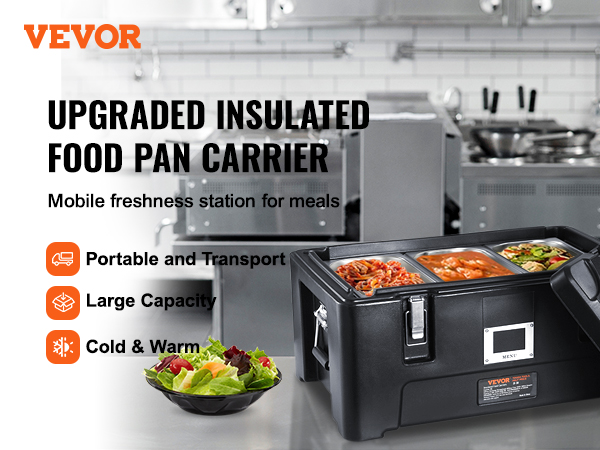 VEVOR insulated food pan carrier showcasing portability, large capacity, and temperature control.